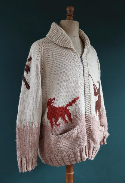 Vintage 1960s 60s hand knitted cream brown red thick wool cowichan sweater cardigan jumper knit zipper shawl collar 48” chest pheasant hunt