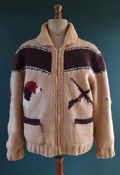 Vintage 1950 50s 1960s 60s chunky knitted wool cowichan sweater cardigan jumper hand made knit shawl collar 48” chest beagle dog hunting