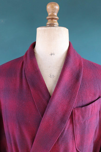 Vintage 1930s 30s 1940s 40s Pendleton red burgundy maroon tartan shadow plaid wool dressing gown robe belted made in USA smoking jacket 50”