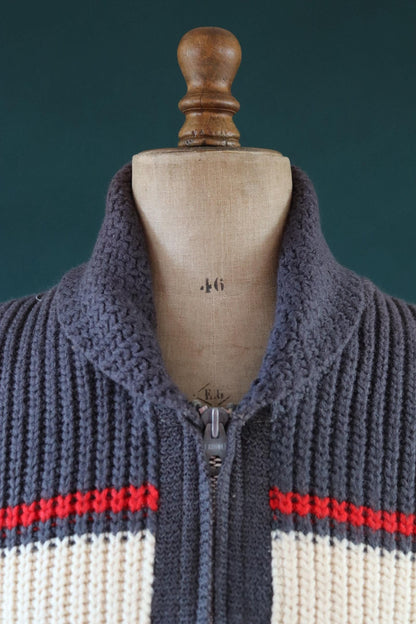 Vintage 1960s 60s hand knitted cream grey red thick wool cowichan sweater cardigan jumper knit zipper shawl collar 42” chest veteran car