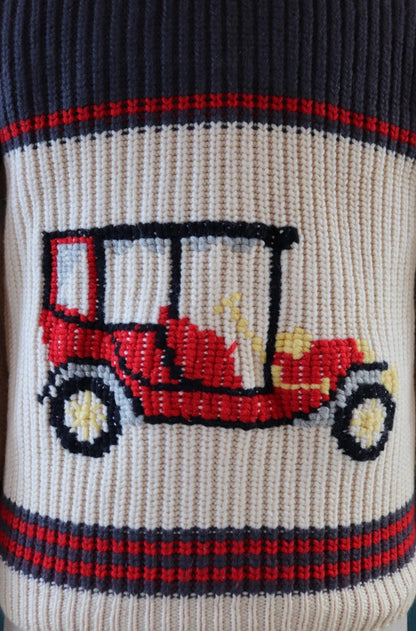 Vintage 1960s 60s hand knitted cream grey red thick wool cowichan sweater cardigan jumper knit zipper shawl collar 42” chest veteran car