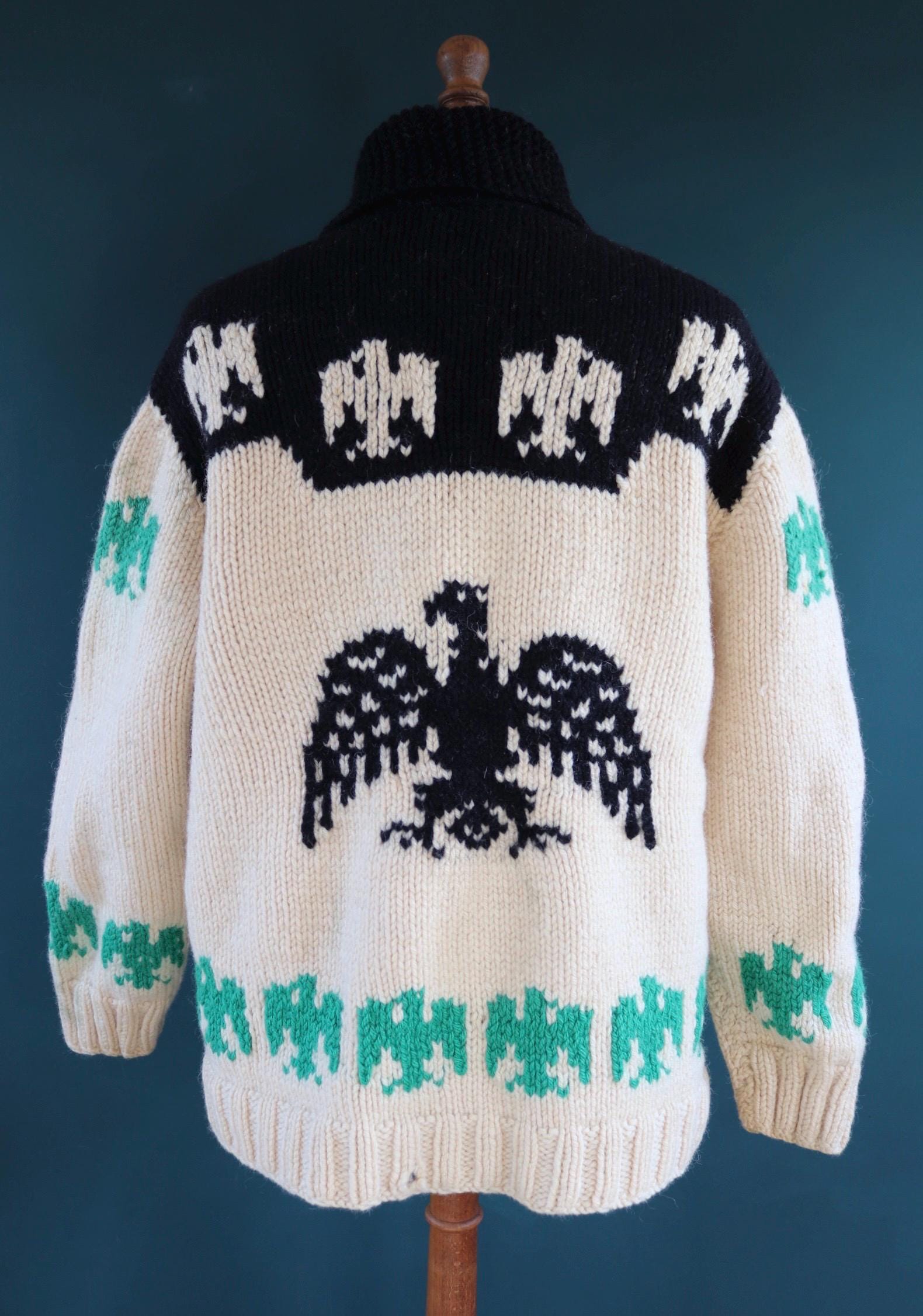 Vintage 1950 50s 1960s 60s chunky knitted wool cowichan sweater cardigan jumper novelty hand made knit thunderbird shawl collar 52” chest