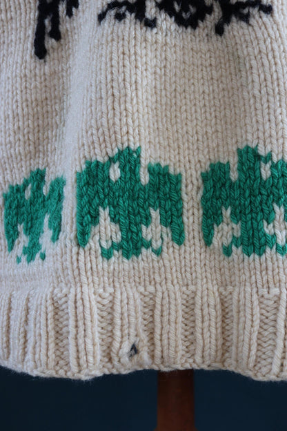 Vintage 1950 50s 1960s 60s chunky knitted wool cowichan sweater cardigan jumper novelty hand made knit thunderbird shawl collar 52” chest