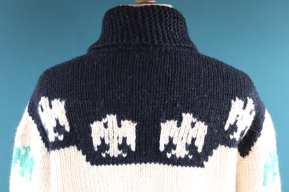Vintage 1950 50s 1960s 60s chunky knitted wool cowichan sweater cardigan jumper novelty hand made knit thunderbird shawl collar 52” chest