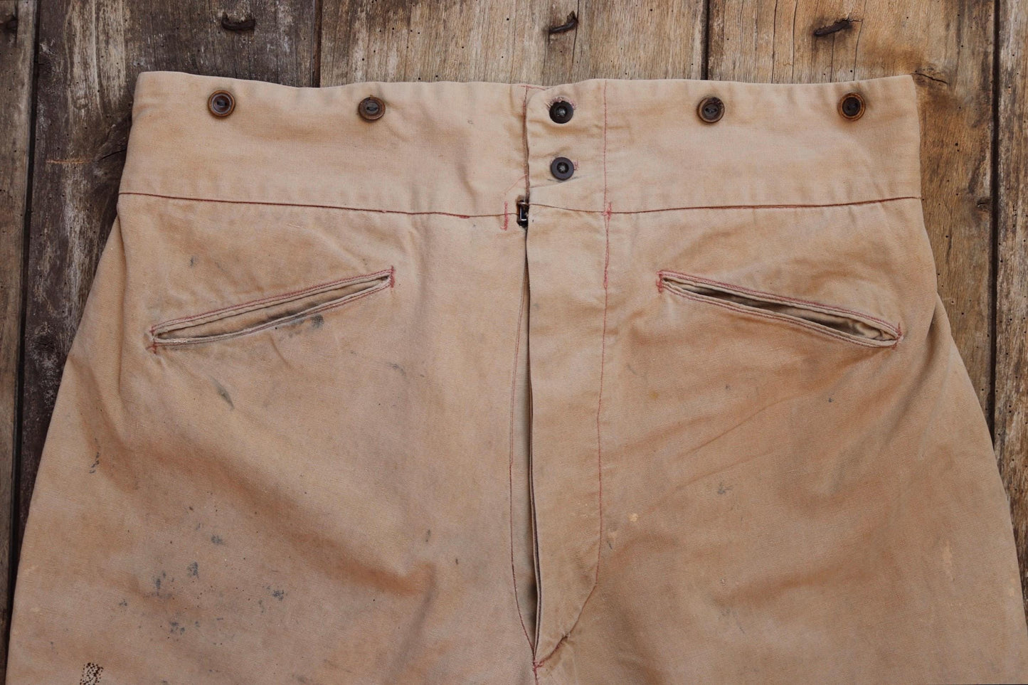 Vintage French workwear 1940s 1950s jodhpurs trousers brown cotton canvas hunting riding breeches 39” x 24” work chore fishtail buckle back