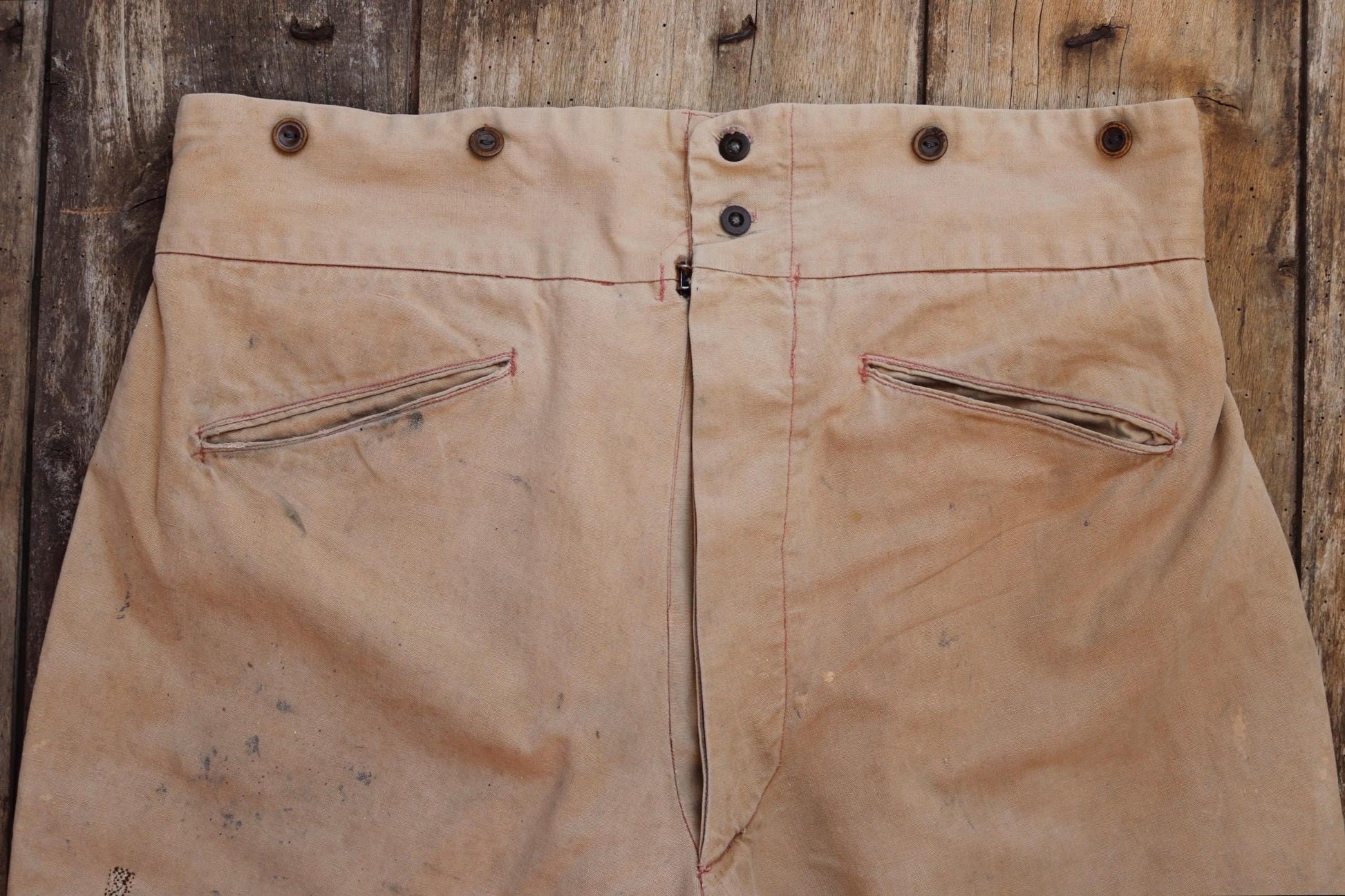 Vintage French workwear 1940s 1950s jodhpurs trousers brown cotton canvas hunting riding breeches 39” x 24” work chore fishtail buckle back