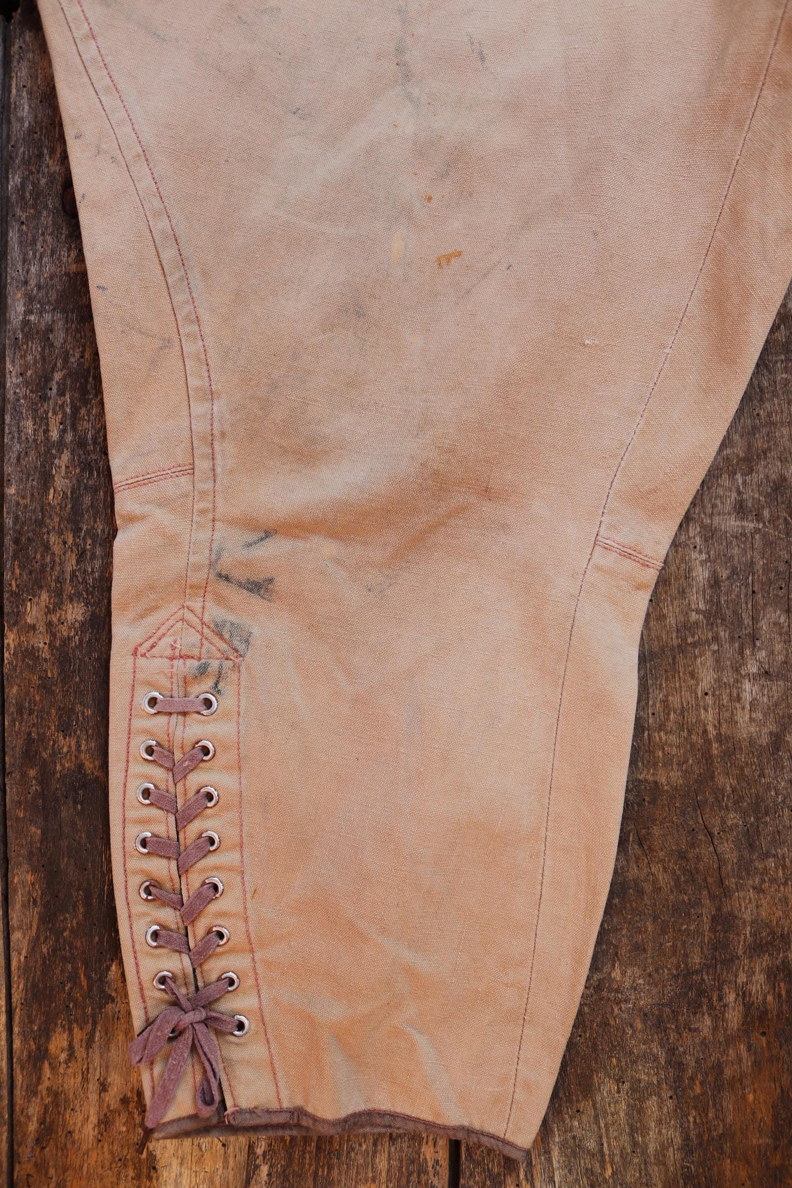 Vintage French workwear 1940s 1950s jodhpurs trousers brown cotton canvas hunting riding breeches 39” x 24” work chore fishtail buckle back