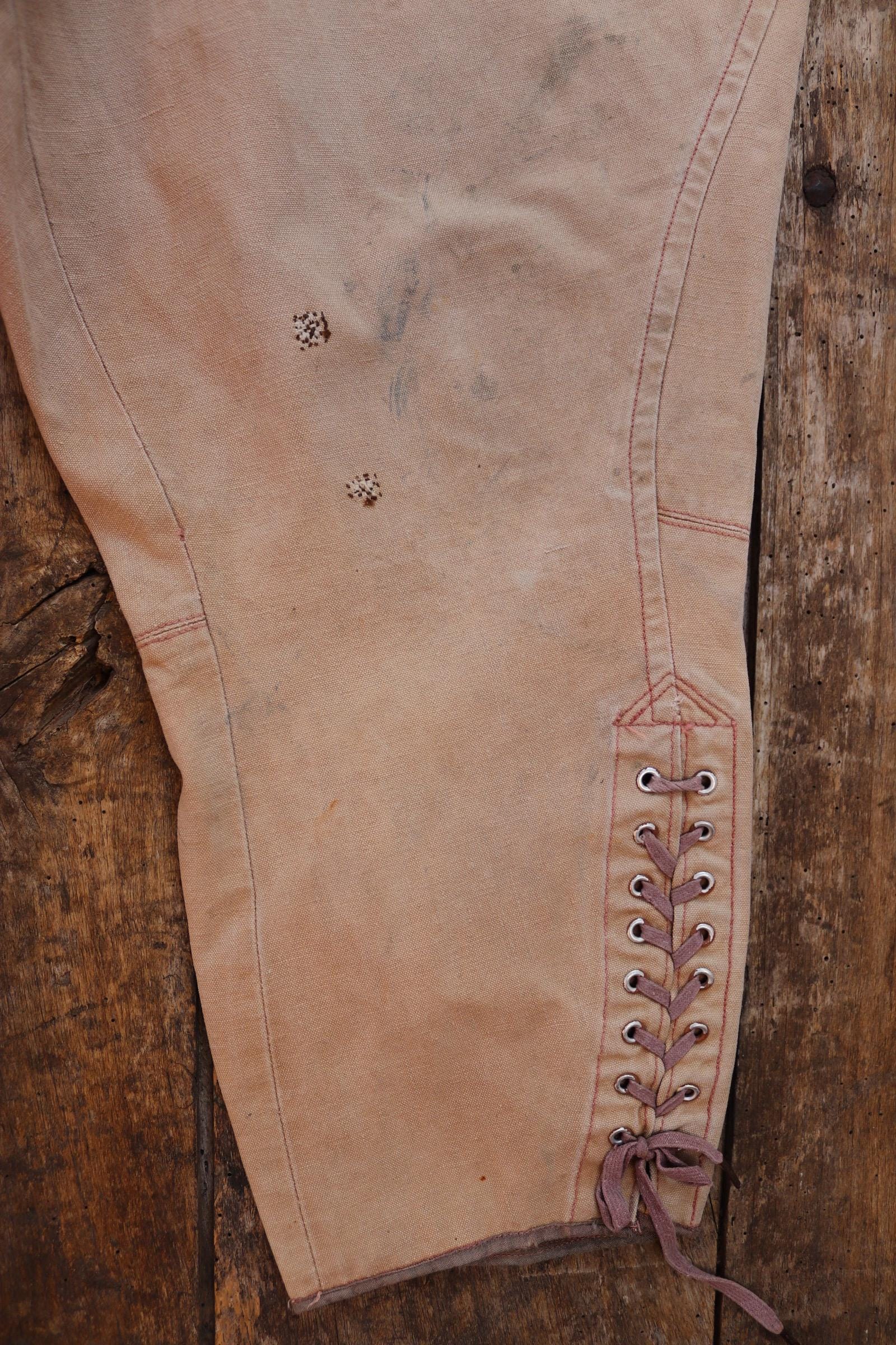 Vintage French workwear 1940s 1950s jodhpurs trousers brown cotton canvas hunting riding breeches 39” x 24” work chore fishtail buckle back