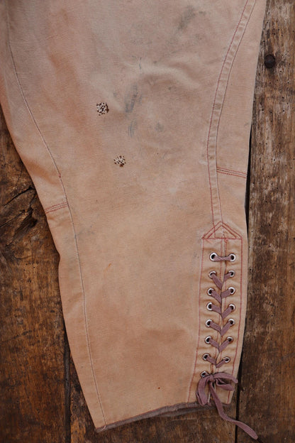 Vintage French workwear 1940s 1950s jodhpurs trousers brown cotton canvas hunting riding breeches 39” x 24” work chore fishtail buckle back