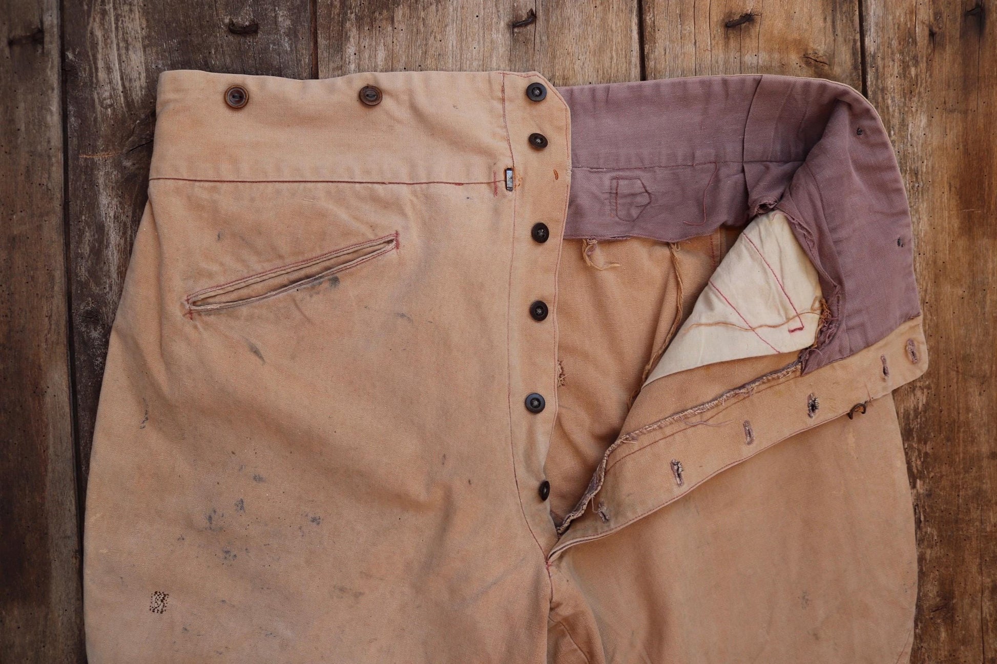 Vintage French workwear 1940s 1950s jodhpurs trousers brown cotton canvas hunting riding breeches 39” x 24” work chore fishtail buckle back