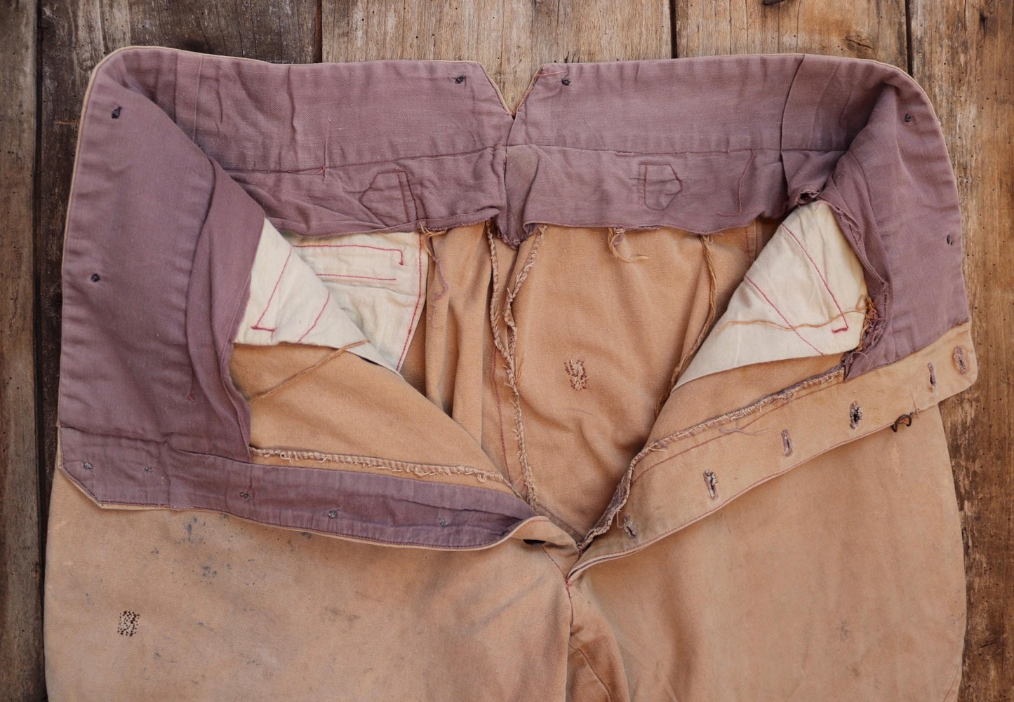 Vintage French workwear 1940s 1950s jodhpurs trousers brown cotton canvas hunting riding breeches 39” x 24” work chore fishtail buckle back