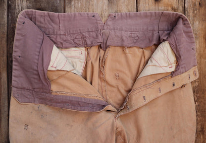 Vintage French workwear 1940s 1950s jodhpurs trousers brown cotton canvas hunting riding breeches 39” x 24” work chore fishtail buckle back
