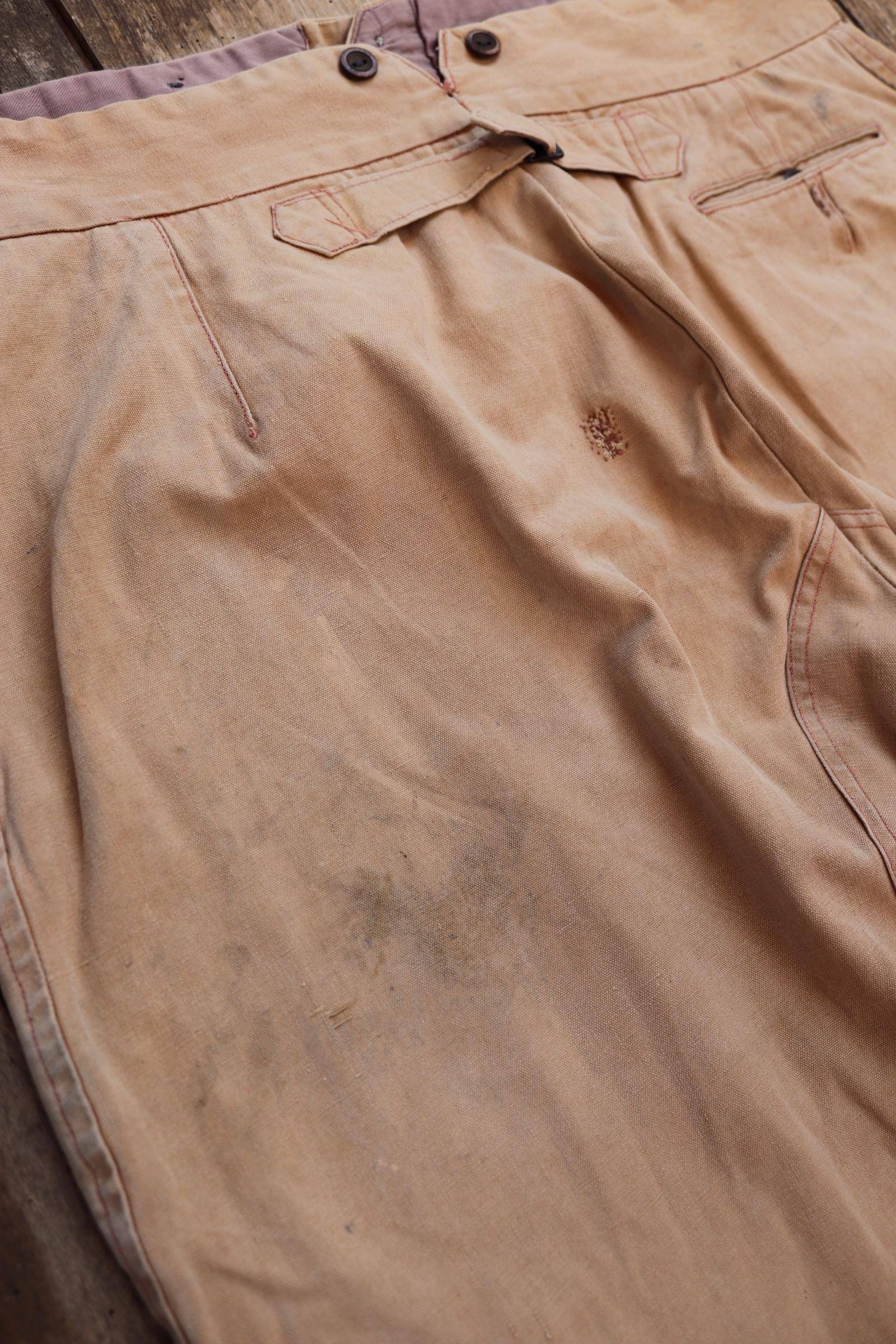Vintage French workwear 1940s 1950s jodhpurs trousers brown cotton canvas hunting riding breeches 39” x 24” work chore fishtail buckle back