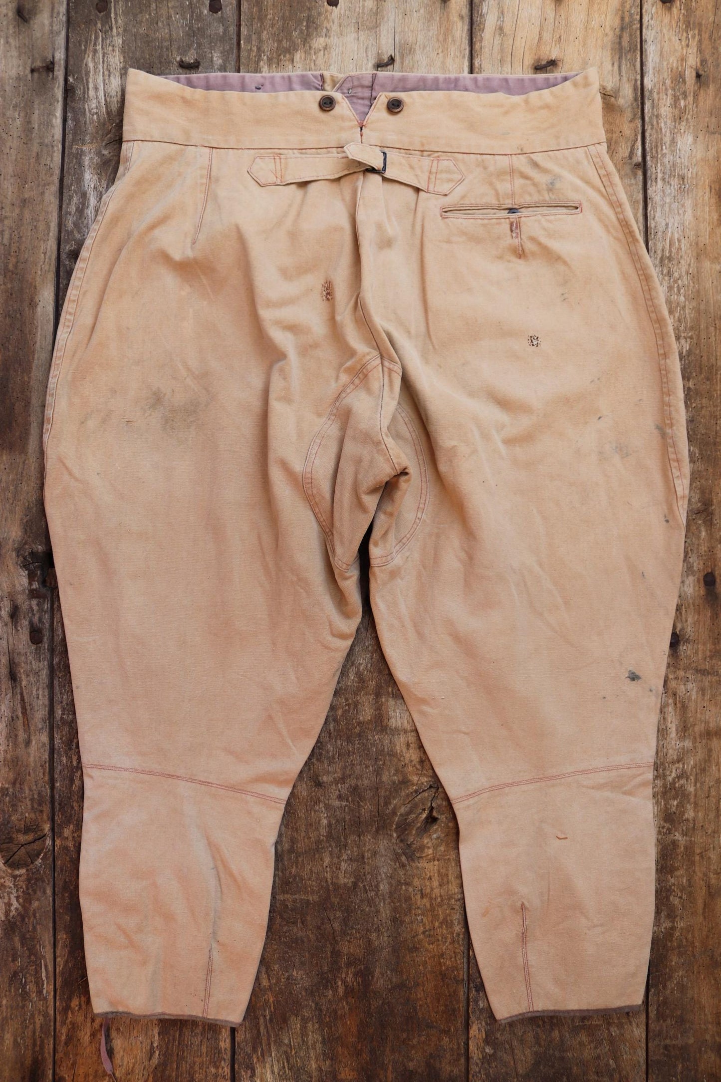 Vintage French workwear 1940s 1950s jodhpurs trousers brown cotton canvas hunting riding breeches 39” x 24” work chore fishtail buckle back