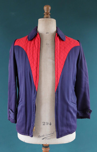 Vintage gabardine jacket 1950s Sleigh Bell red blue quilted rayon ricky ski Talon zip up 38" chest rockabilly mid century