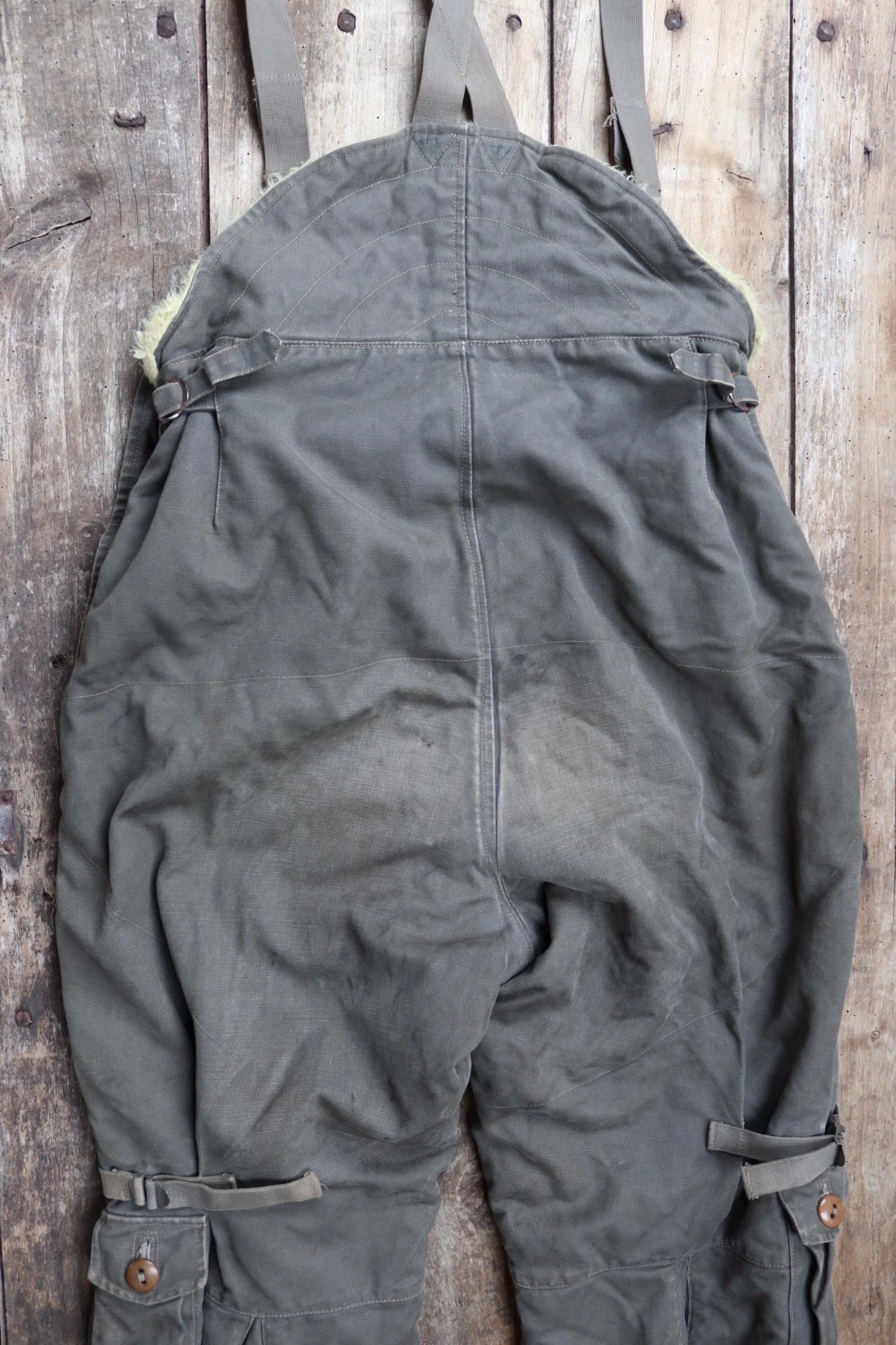 Vintage 1950s 50s Swedish army Oljon green cotton canvas insulated pile military motorcycle tank overalls dungarees workwear work 35” x 30”