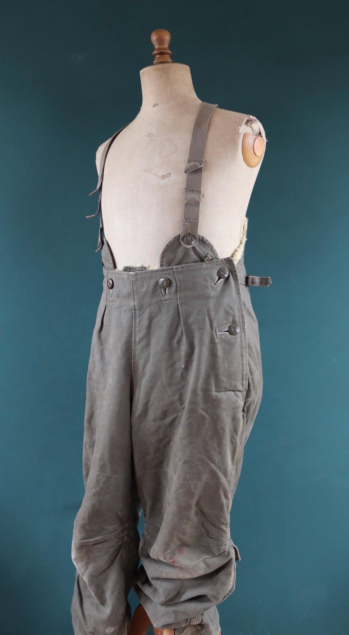 Vintage 1950s 50s Swedish army Oljon green cotton canvas insulated pile military motorcycle tank overalls dungarees workwear work 35” x 30”