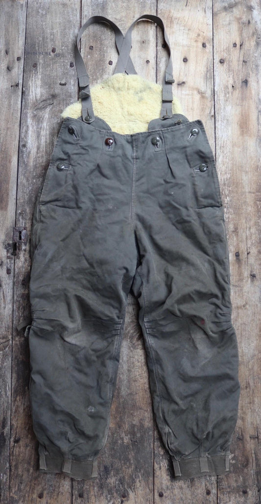 Vintage 1950s 50s Swedish army Oljon green cotton canvas insulated pile military motorcycle tank overalls dungarees workwear work 35” x 30”