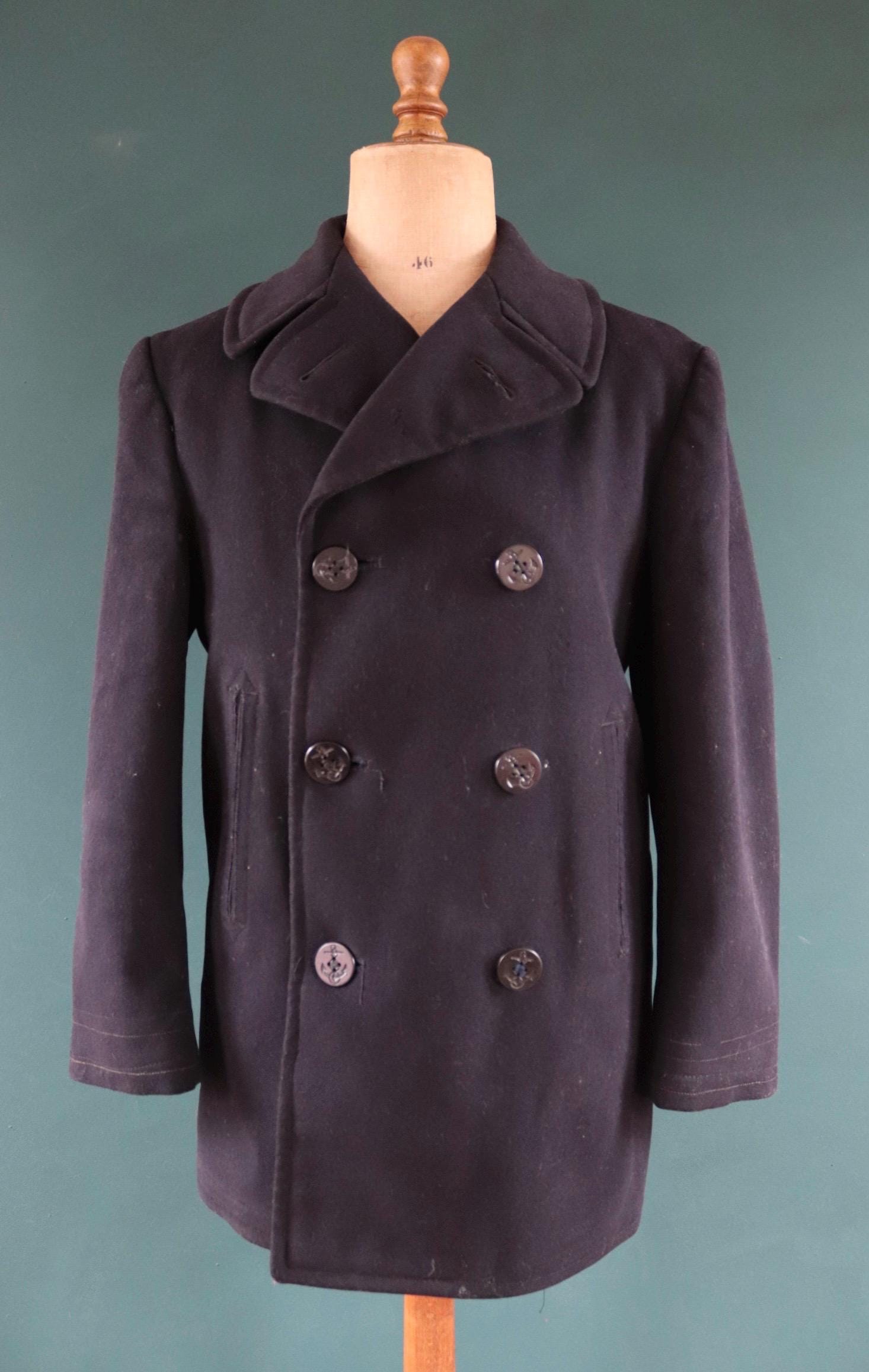 Vintage 1940s 40s WW2 midnight blue USN US navy naval wool pea deck coat jacket 41" chest military double breasted reefer