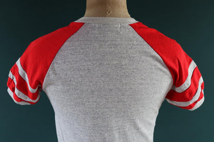 Vintage 1980s 80s 1990s 90s 50/50 poly cotton grey marl red ringer football v neck t shirt 38” chest