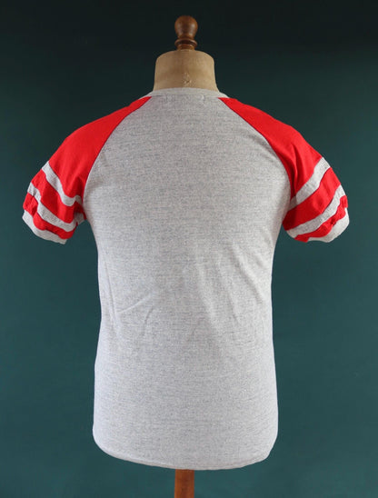 Vintage 1980s 80s 1990s 90s 50/50 poly cotton grey marl red ringer football v neck t shirt 38” chest