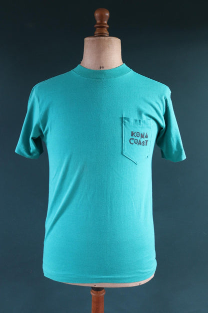 Vintage 1980s 80s 1990s 90s teal green Kona Coast surf palm tree print sports sportswear pocket t shirt 38” chest