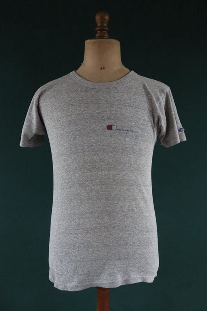 Vintage 1980s 80s Champion 50/50 cotton rayon grey heather marl t shirt 37” chest sports sportswear made in USA