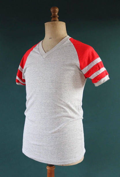 Vintage 1980s 80s 1990s 90s 50/50 poly cotton grey marl red ringer football v neck t shirt 38” chest