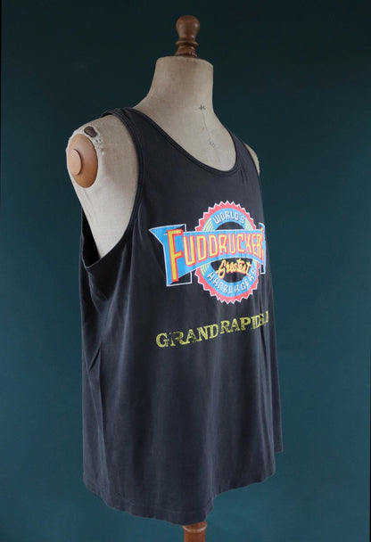 Vintage 1990s 90s faded black Fuddruckers hamburgers neon print cotton singlet vest sports sportswear t shirt 46” chest