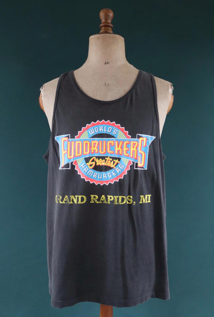 Vintage 1990s 90s faded black Fuddruckers hamburgers neon print cotton singlet vest sports sportswear t shirt 46” chest