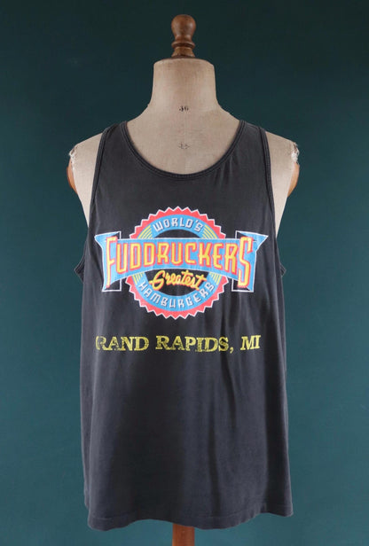 Vintage 1990s t shirt - faded black vest - Fuddruckers hamburgers - neon print - cotton singlet - sportswear - 46” chest