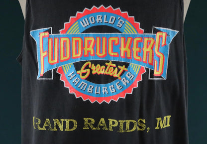 Vintage 1990s 90s faded black Fuddruckers hamburgers neon print cotton singlet vest sports sportswear t shirt 46” chest