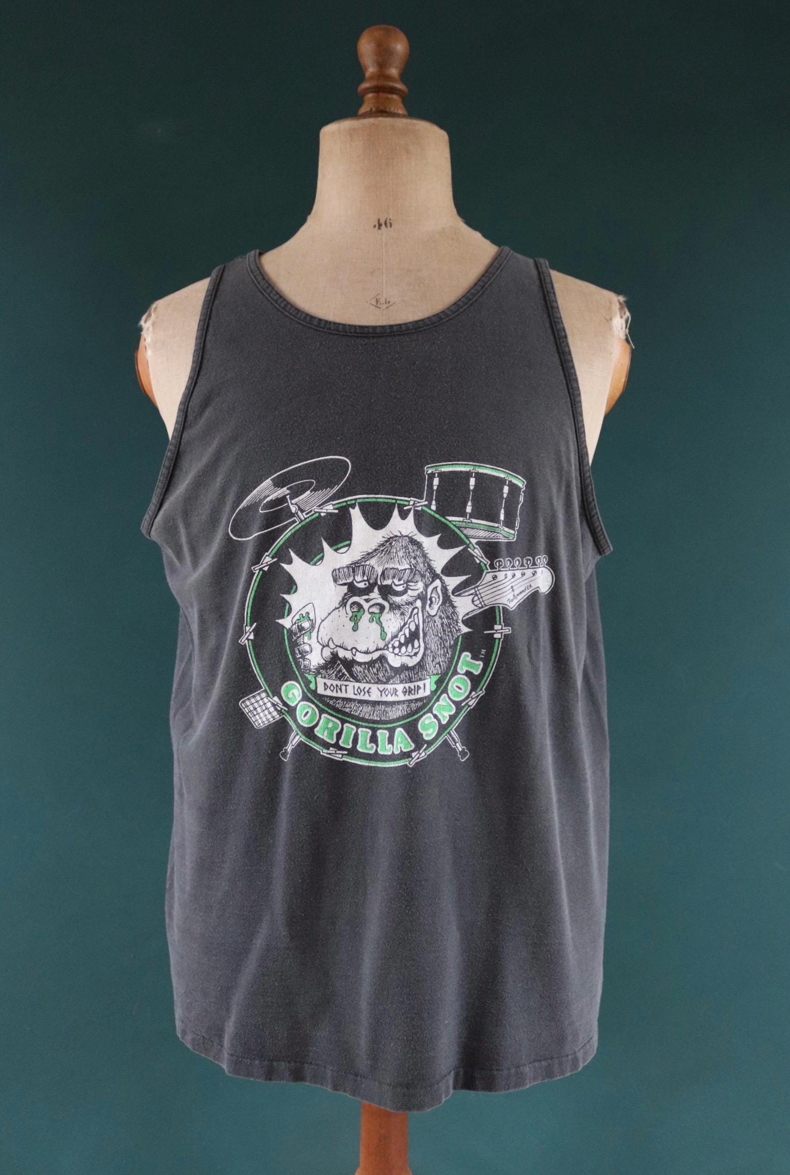 Vintage 1990s t shirt - faded black vest - Gorilla Snot music - neon print cotton singlet - sportswear - 44” chest