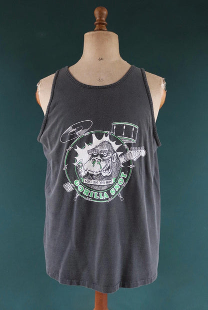 Vintage 1990s t shirt - faded black vest - Gorilla Snot music - neon print cotton singlet - sportswear - 44” chest