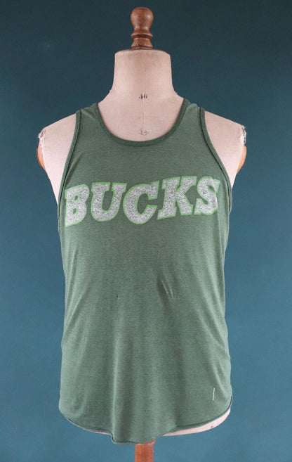 Vintage 1980s 80s green Bucks print cotton singlet vest sports sportswear t shirt 39” chest