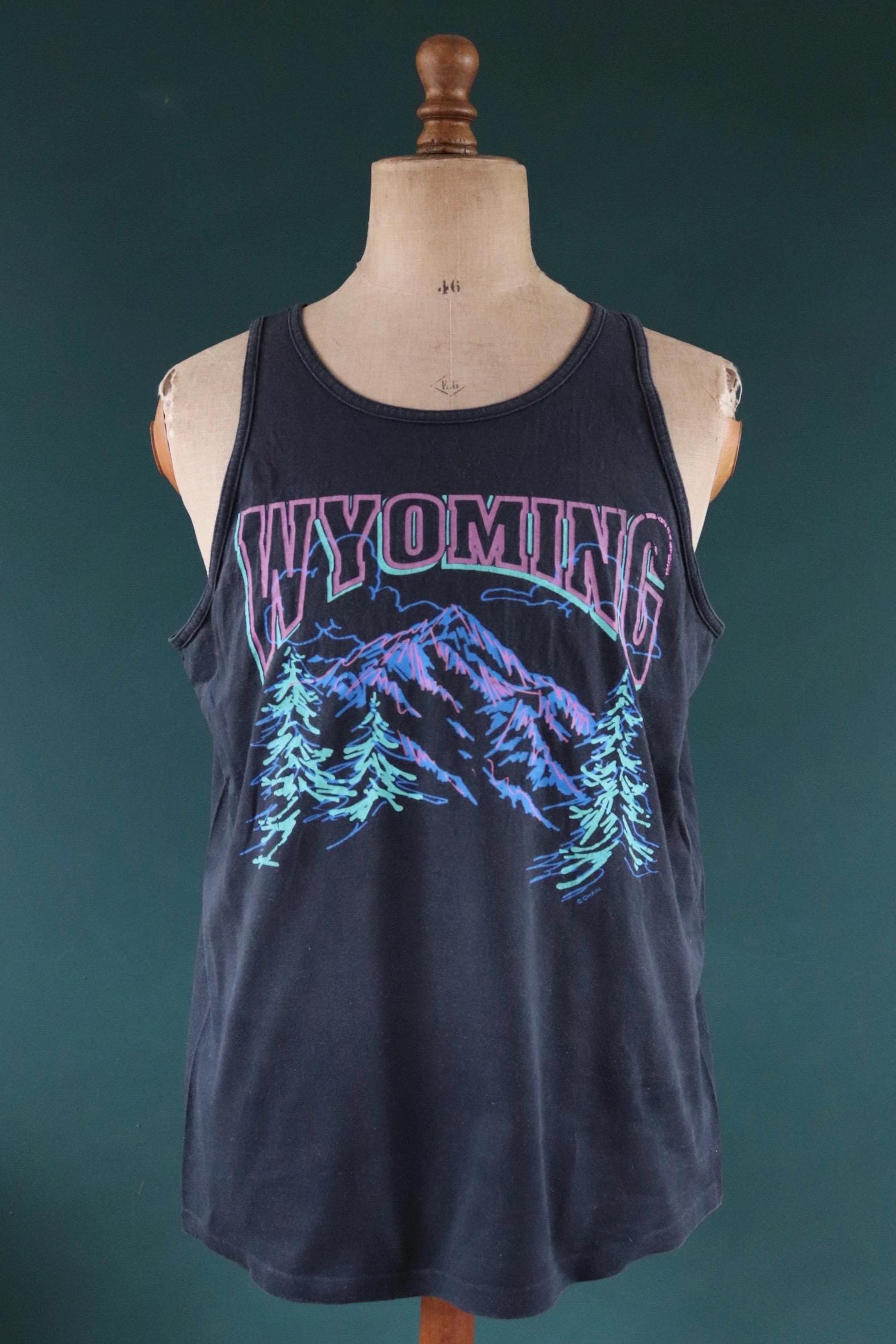 Vintage 1990s 90s Oneita faded black neon Wyoming tourist souvenir vest singlet t shirt 44” chest