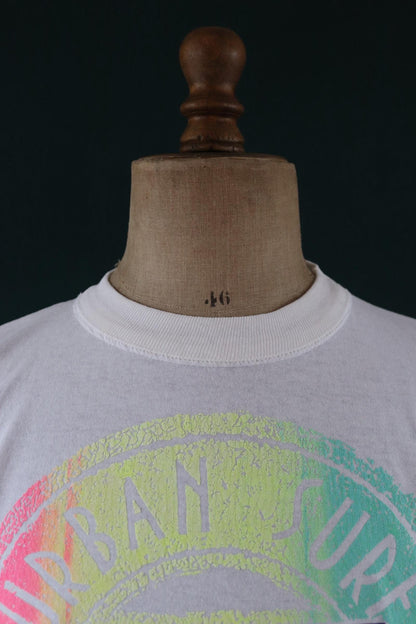 Vintage 1980s 80s 1990s white poly cotton urban beach neon souvenir cropped surf sports sportswear t shirt 43” chest