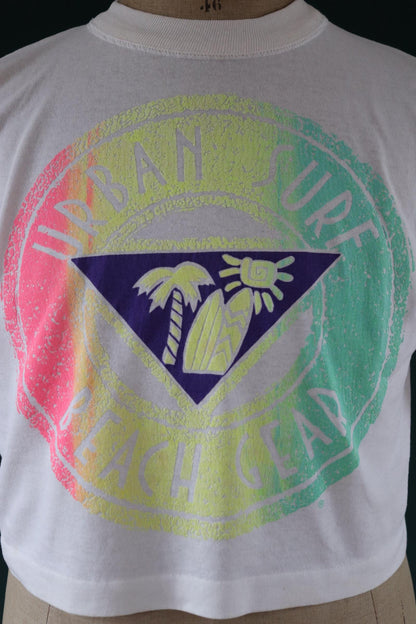 Vintage 1980s 80s 1990s white poly cotton urban beach neon souvenir cropped surf sports sportswear t shirt 43” chest