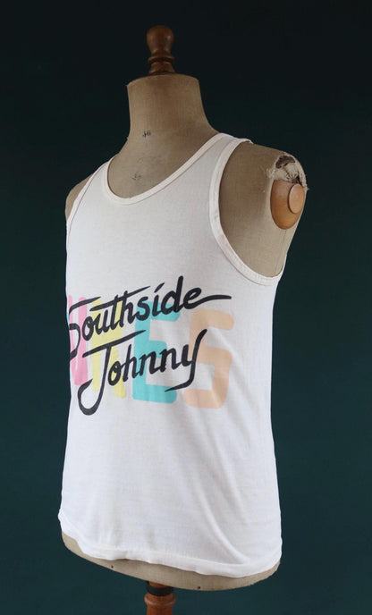Vintage 1980s 80s 1990s 90s off white Southside Johnny neon print cotton singlet vest sports sportswear t shirt 38” chest