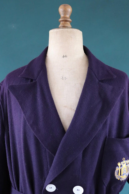 Vintage 1950s 50s 1960s 60s USN US naval navy blue academy wool blend dressing gown robe tassel belted smoking jacket 52” chest