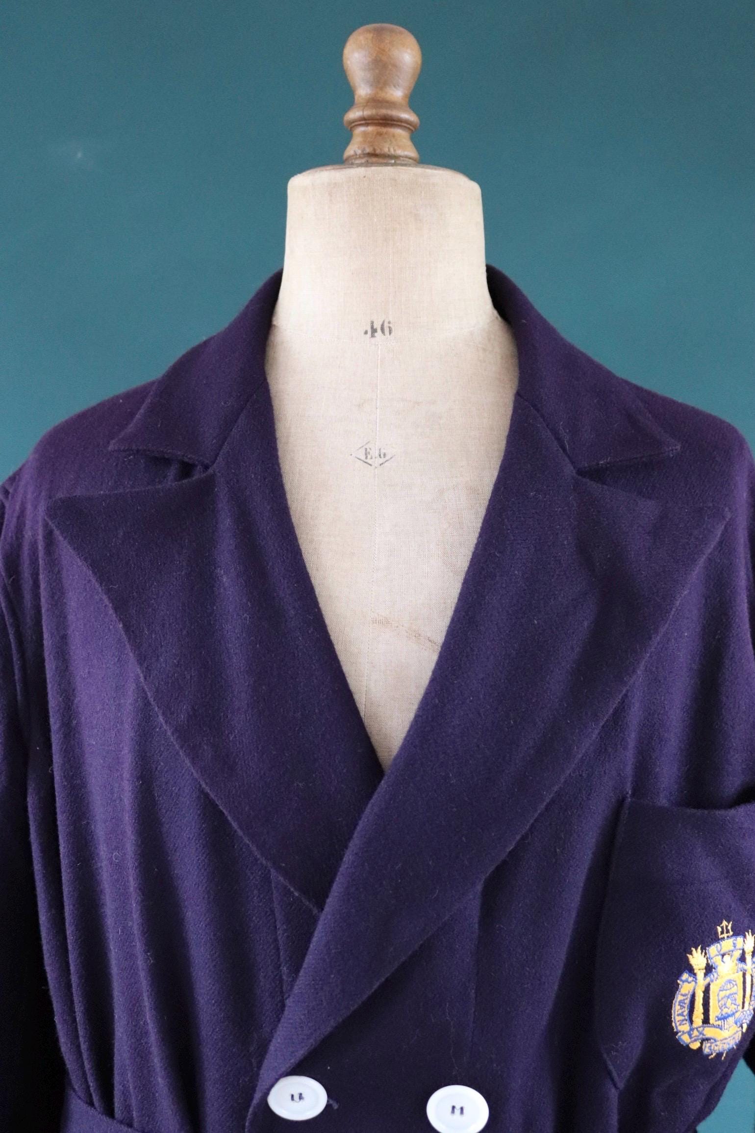 Vintage 1950s 60s USN dressing gown - military robe - US naval academy - navy blue wool - belted smoking jacket - 52” chest