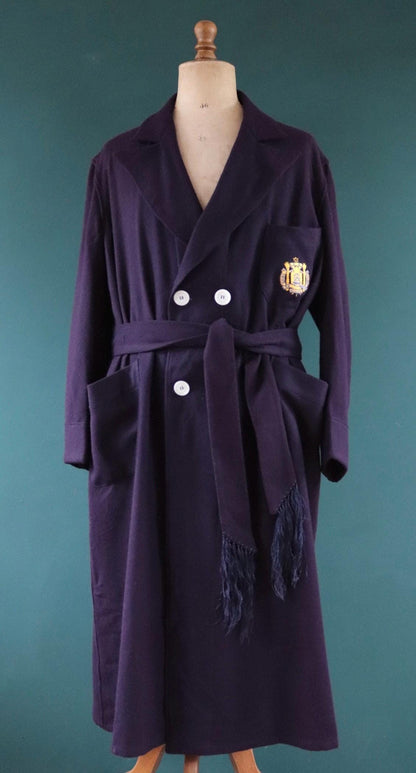 Vintage 1950s 50s 1960s 60s USN US naval navy blue academy wool blend dressing gown robe tassel belted smoking jacket 52” chest