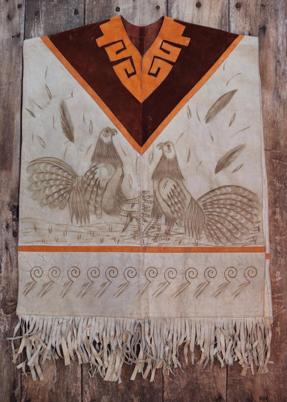 Vintage 1960s 1970s suede poncho orange brown tasseled cow hide vest waistcoat South Western souvenir biker tabard gilet decorated