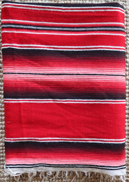 Vintage red white black Mexican South Western woven falsa blanket rug picnic camping sofa wall hanging 79" x 59" car van