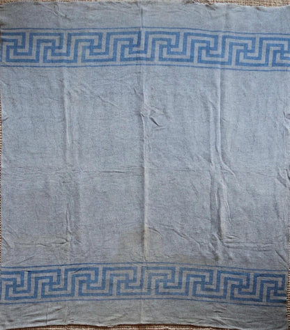 Vintage Whirling Log blanket rug 1930s 1940s grey blue South Western woven picnic camping sofa wall hanging 64" x 74" car van