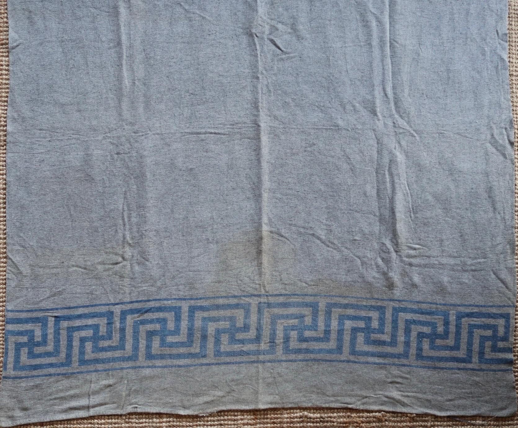 Vintage Whirling Log blanket rug 1930s 1940s grey blue South Western woven picnic camping sofa wall hanging 64" x 74" car van