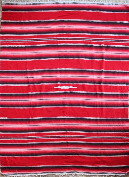 Vintage red white black Mexican South Western woven falsa blanket rug picnic camping sofa wall hanging 79" x 59" car van