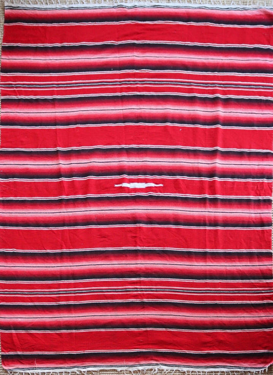 Vintage red white black Mexican South Western woven falsa blanket rug picnic camping sofa wall hanging 79" x 59" car van