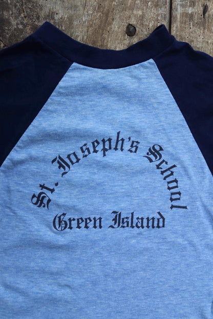 Vintage 1980s 80s blue heather marl poly cotton kids school sports sportswear t shirt 30” chest
