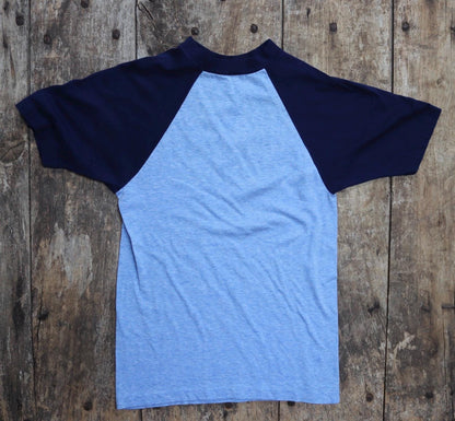 Vintage 1980s 80s blue heather marl poly cotton kids school sports sportswear t shirt 30” chest
